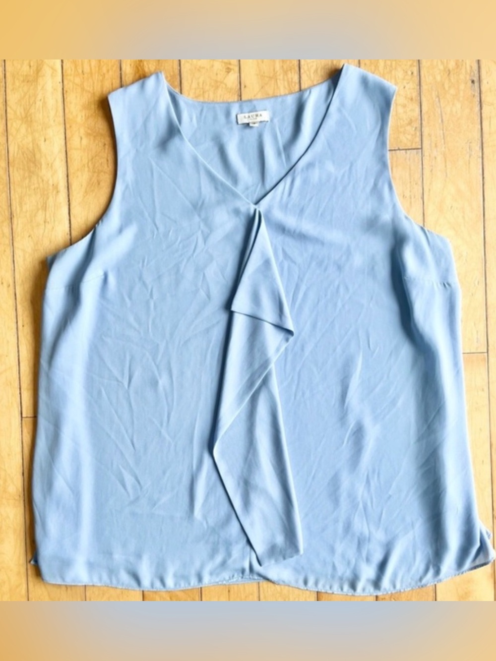 Laura Light Blue Flowy Draped V‑Neck Sleeveless Blouse – Size 18